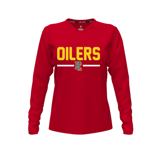 [FTLVCFRD-FYXS-LOGO2] Decker Comfort T-Shirt (Female Youth XS, Red, V Neck, Logo 2, Long Sleeve)