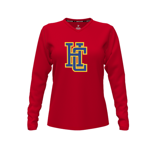 [CUS-DFW-TEES-PER-VNK-LSL-RED-FYXS-LOGO3] Performance T-Shirt (Female Youth XS, Red, V Neck, Logo 3, Long Sleeve)